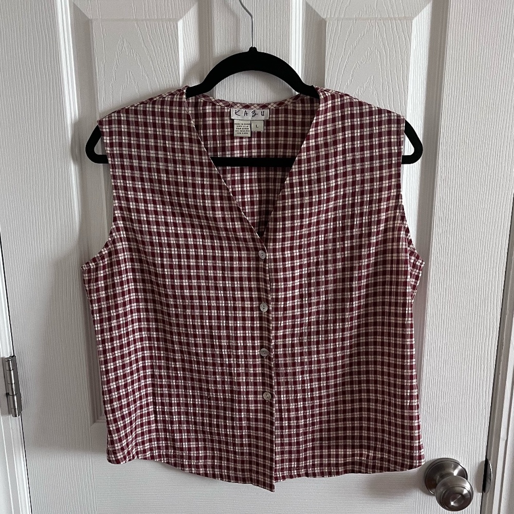 100% Silk Women's Size Large Vintage Red Off White Plaid Button Down Sleeveless